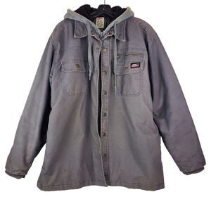 DICKIES Jacket Mens Large 42/44 Gray Hooded Outdoor Workwear Canvas Fleece Lined